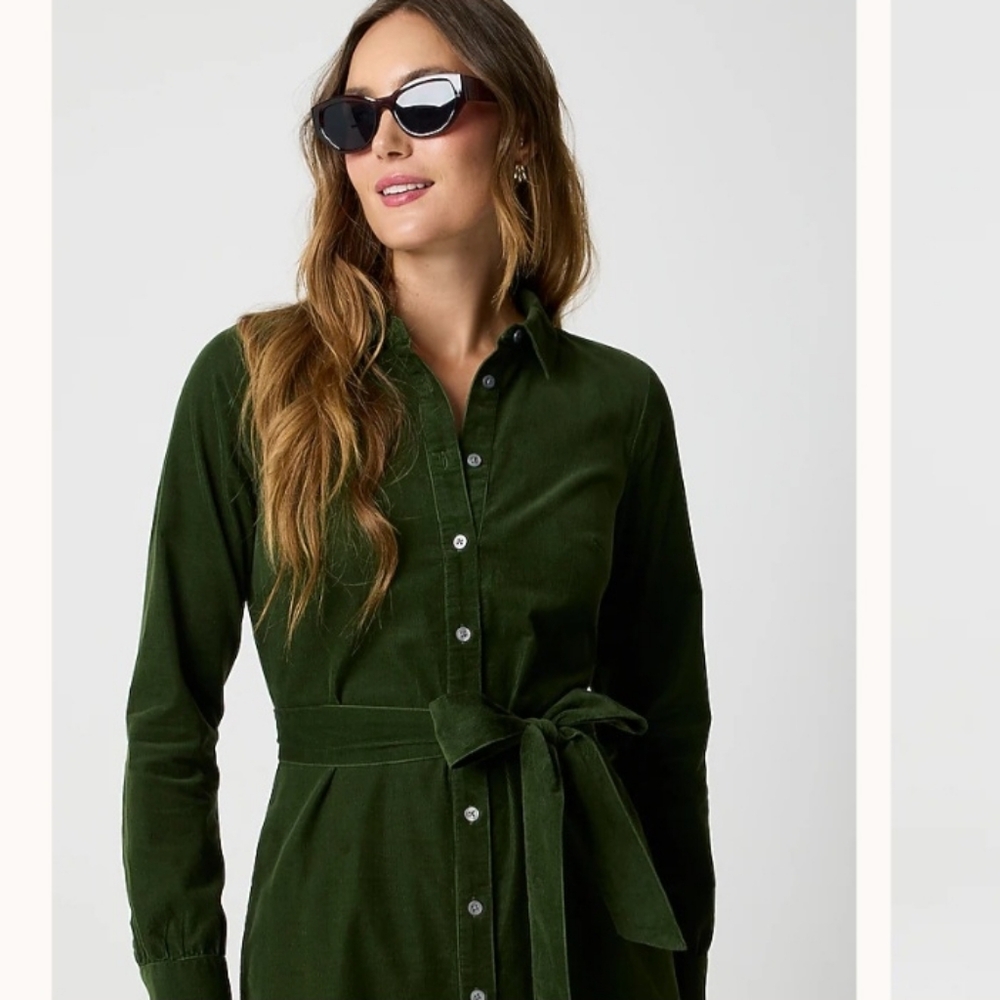 J.Crew Pine Green Corduroy Shirt Dress Belted Long Sleeve NWT Size 2 - Picture 5 of 17